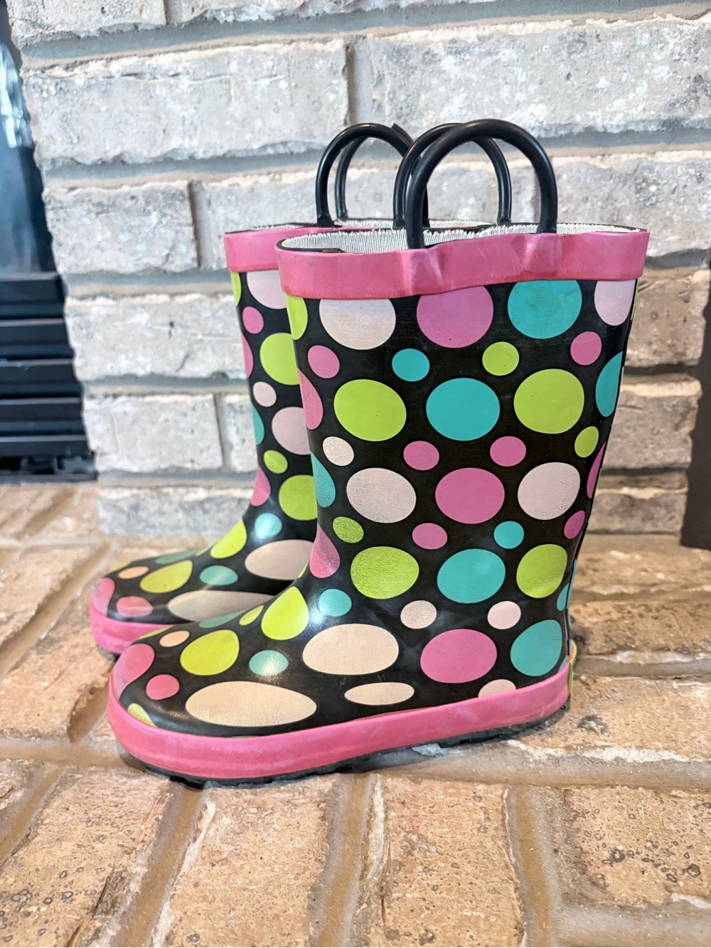 Western Chief Kids Black Rain Boots with Pink, Teal & Lime Polka Dots
